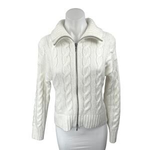 Hollister Women's White Cable Knit Collared Long Sleeve Full Zip Sweater Top M